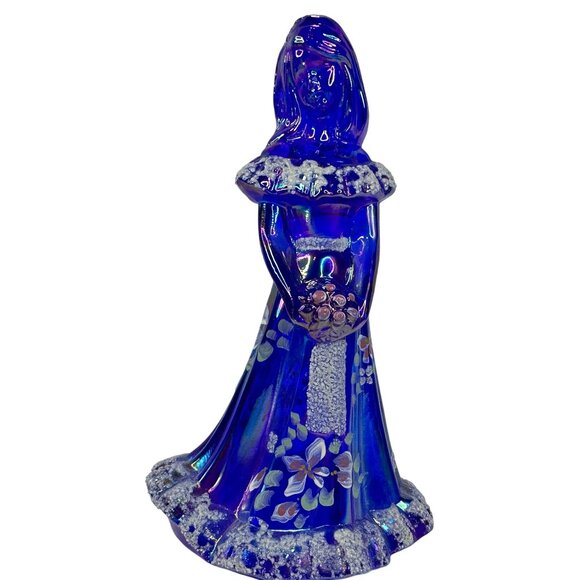 Fenton Bridesmaid Cobalt Blue Iridescent Glass Figurine Floral Artist Signed VTG - Picture 1 of 14